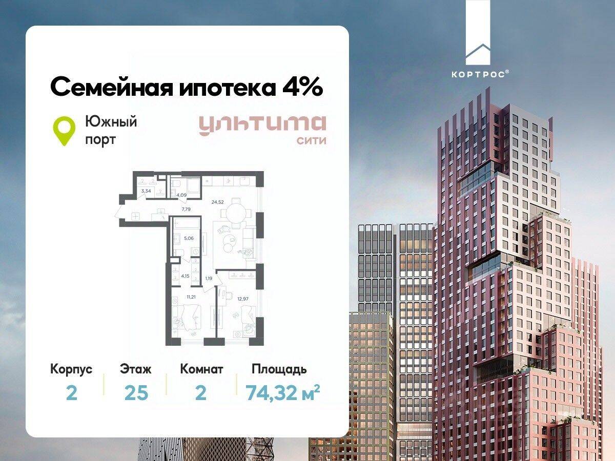 2-комн. квартира, 74,32 м², в ЖК «УЛЬТИМА Сити»