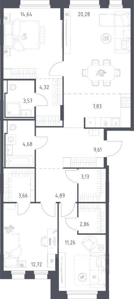 3-комн. квартира, 103,45 м², в ЖК Заречье Парк
