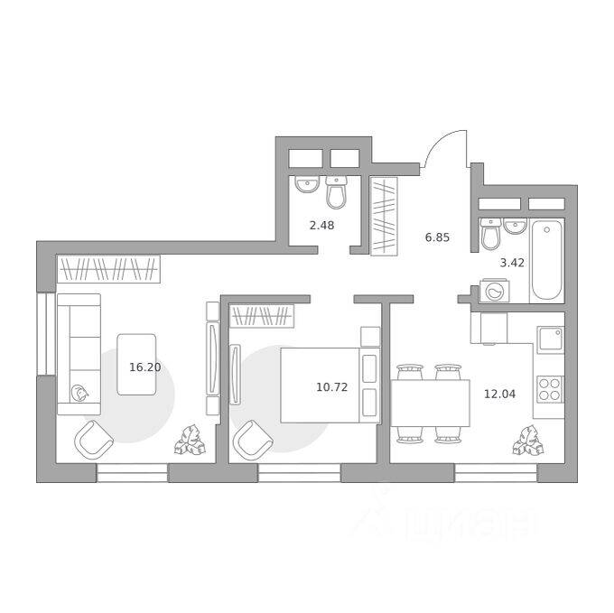 2-комн. квартира, 51,71 м², в Малоэтажный ЖК Живописный