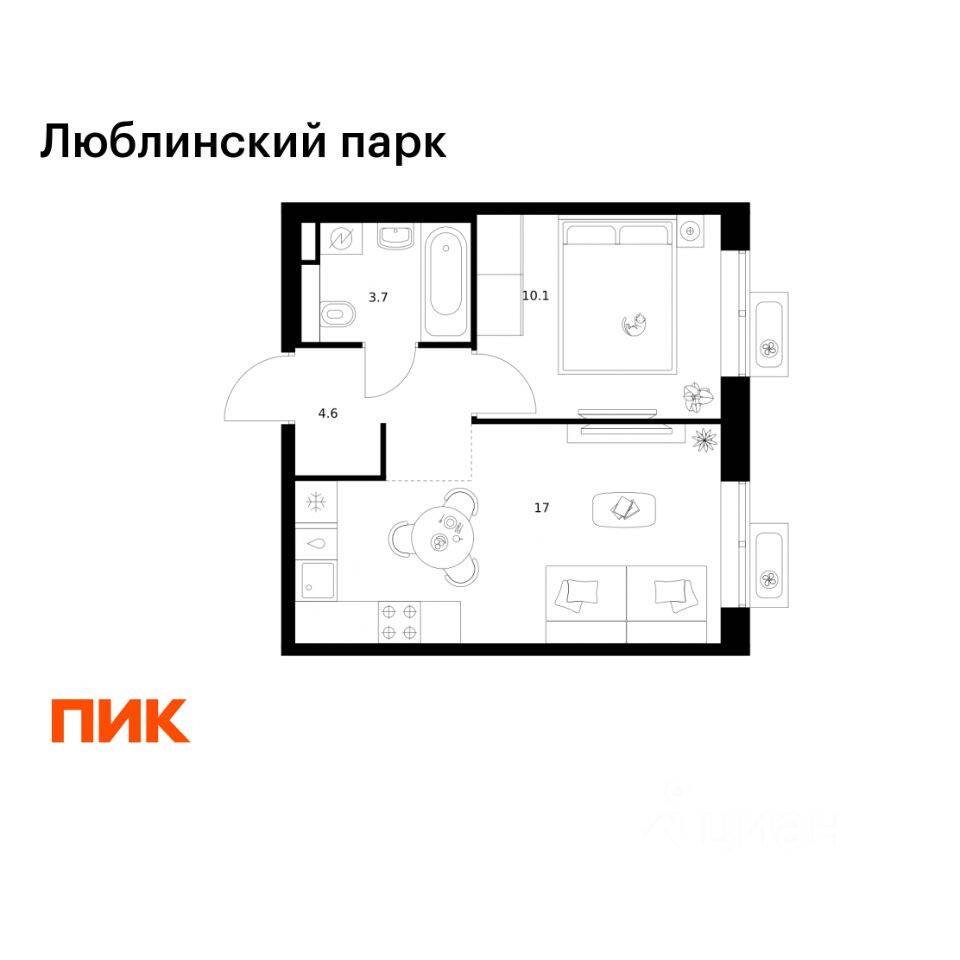 1-комн. квартира, 35,4 м², в ЖК «Люблинский парк»