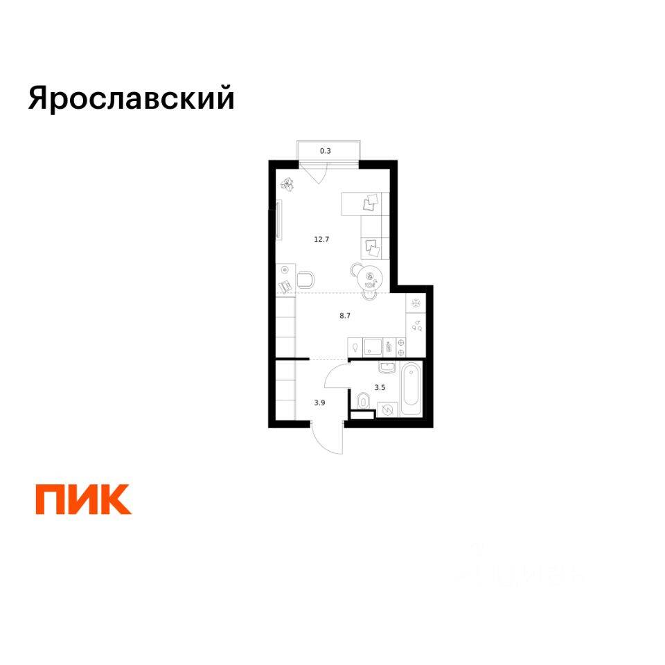 Квартира-студия, 29,1 м², в ЖК «Ярославский»