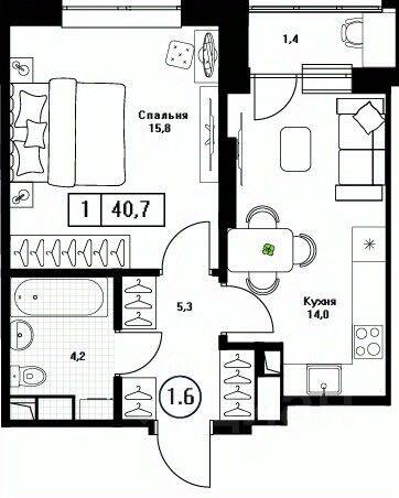 1-комн. квартира, 40,7 м², в ЖК Пушкино Град