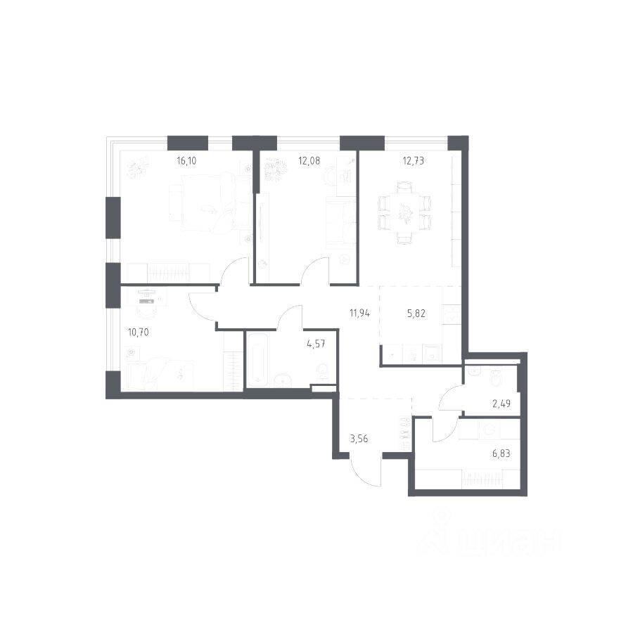 3-комн. квартира, 86,82 м², в ЖК Квартал Авиаторов
