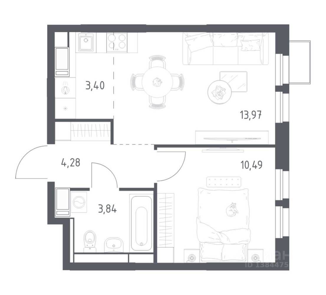 1-комн. квартира, 35,98 м², в ЖК «Большое Путилково»