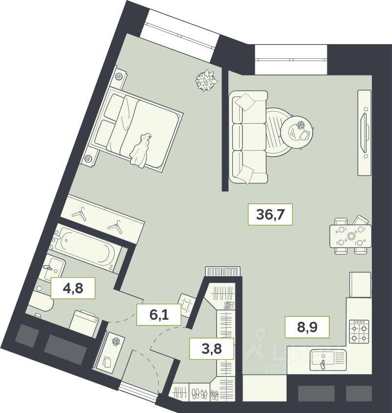 Планировка 1 комнатной квартиры, 60.8 м², в «Лайм»