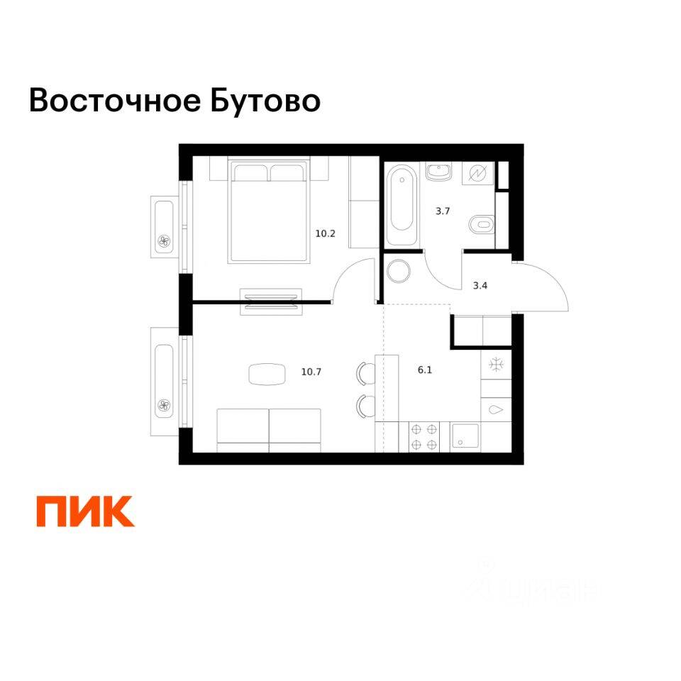 1-комн. квартира, 34,1 м², в ЖК «Восточное Бутово»