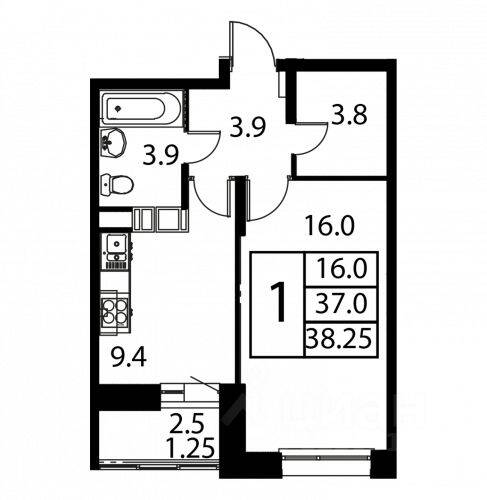 1-комн. квартира, 38,25 м², в ЖК Космос