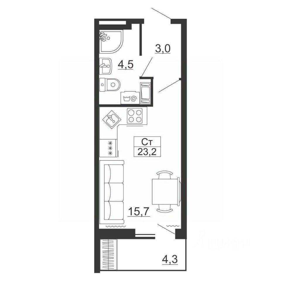 Квартира-студия, 23,2 м², в ЖК Рубеж