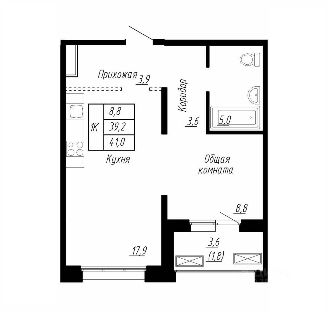 Планировка 1 комнатной квартиры, 41 м², в «Сибирь»