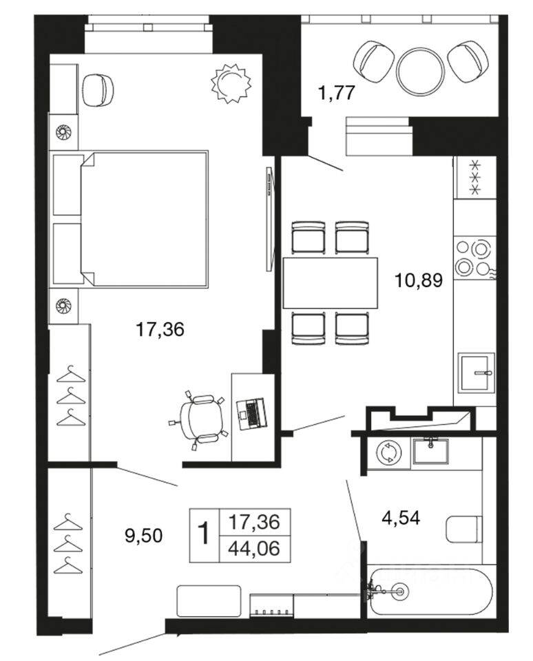 1-комн. квартира, 44,1 м², в ЖК «Времена года»