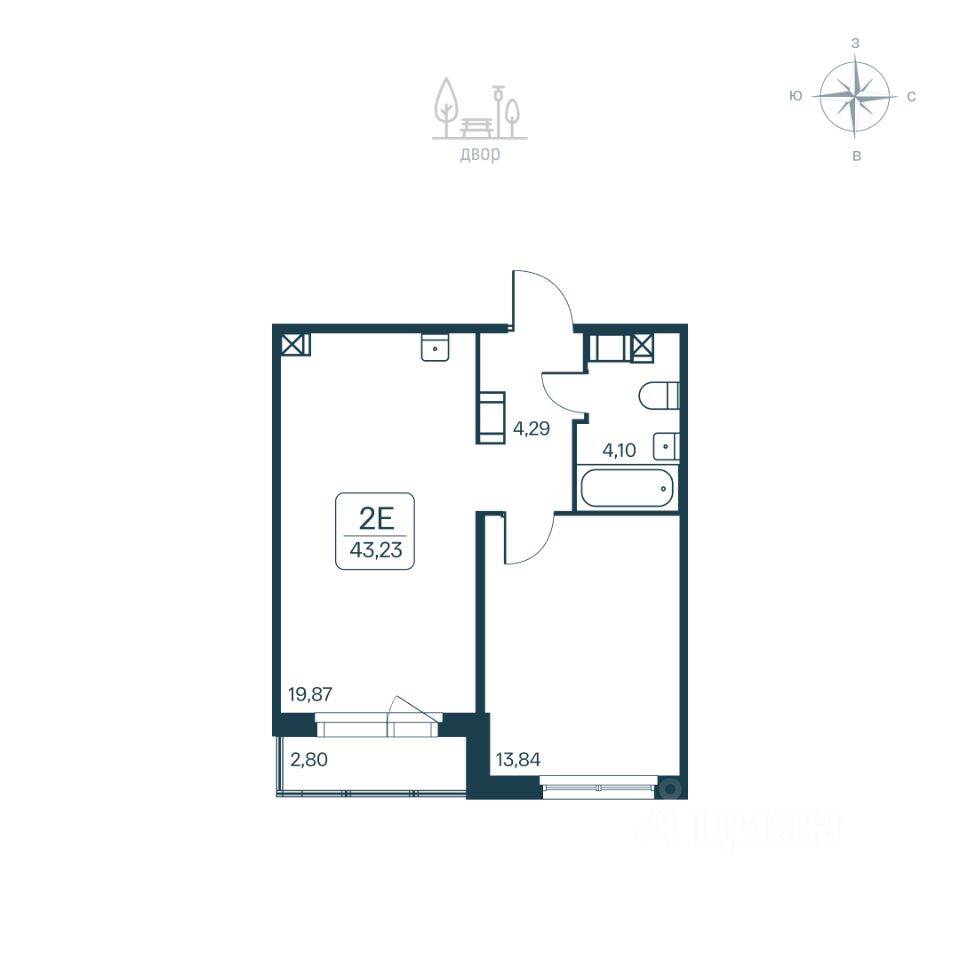 Планировка 2 комнатной квартиры, 43.23 м², в «Расцветай в Янино»