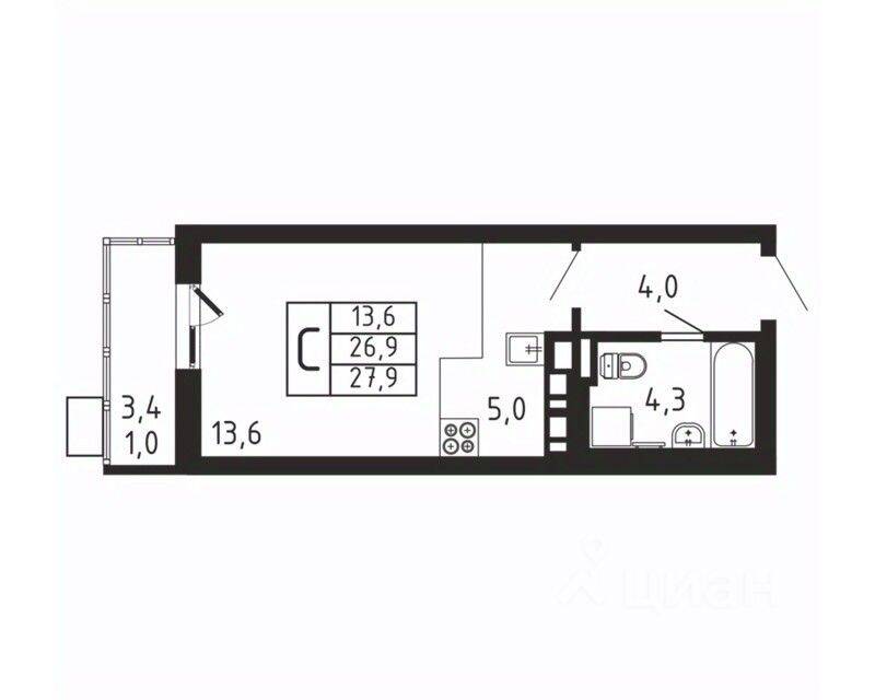 Квартира-студия, 27,9 м², в ЖК «Пироговская Ривьера»