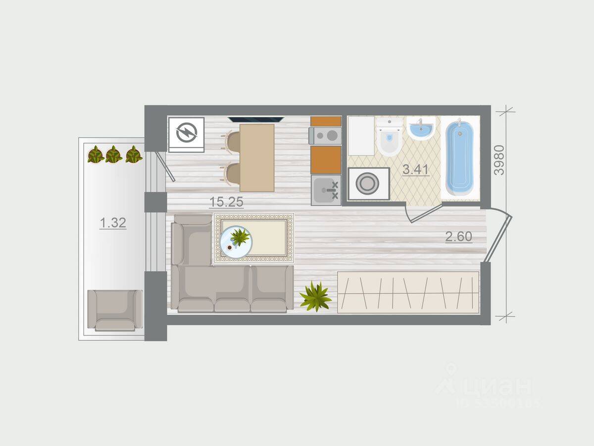 Планировка 1 комнатной квартиры, 22.58 м², в «Эко-квартал Гармония»
