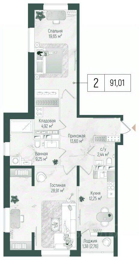 2-комн. квартира, 92,39 м², в ЖК Riga Hills
