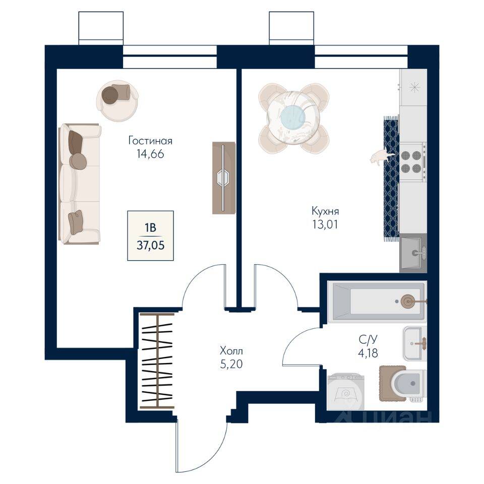 1-комн. квартира, 37,05 м², в ЖК Бархат