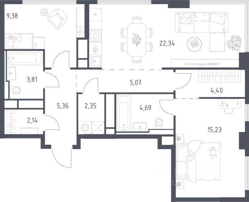 2-комн. квартира, 74,77 м², в ЖК Квартал на воде