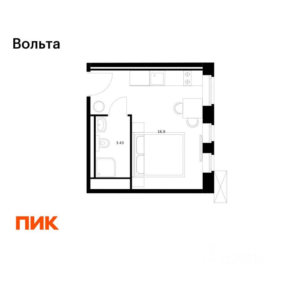 Квартира-студия, 20,33 м², в Апарт-комплекс Вольта