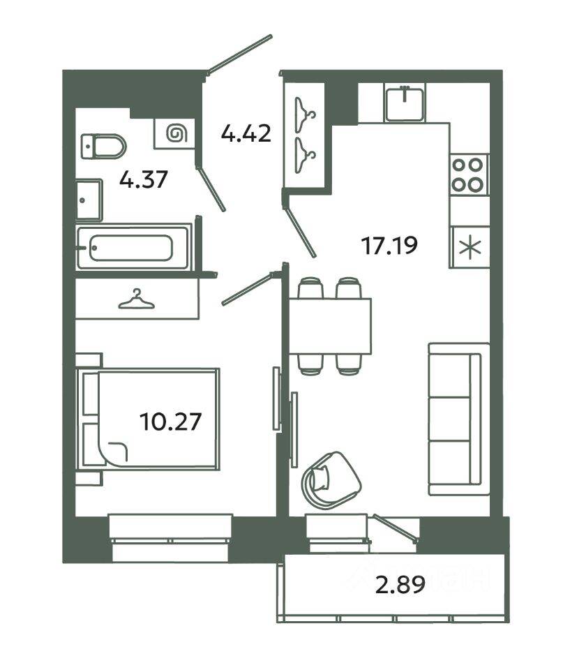 1-комн. квартира, 36,25 м², в ЖК Загляденье