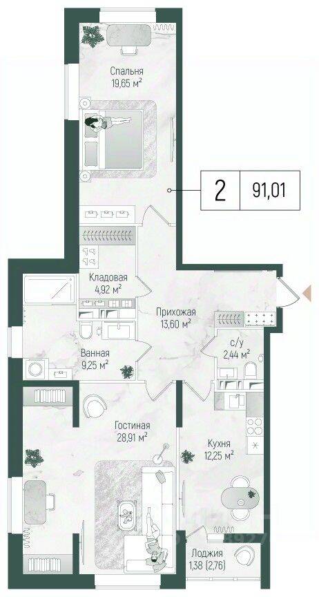 2-комн. квартира, 92,39 м², в ЖК Riga Hills