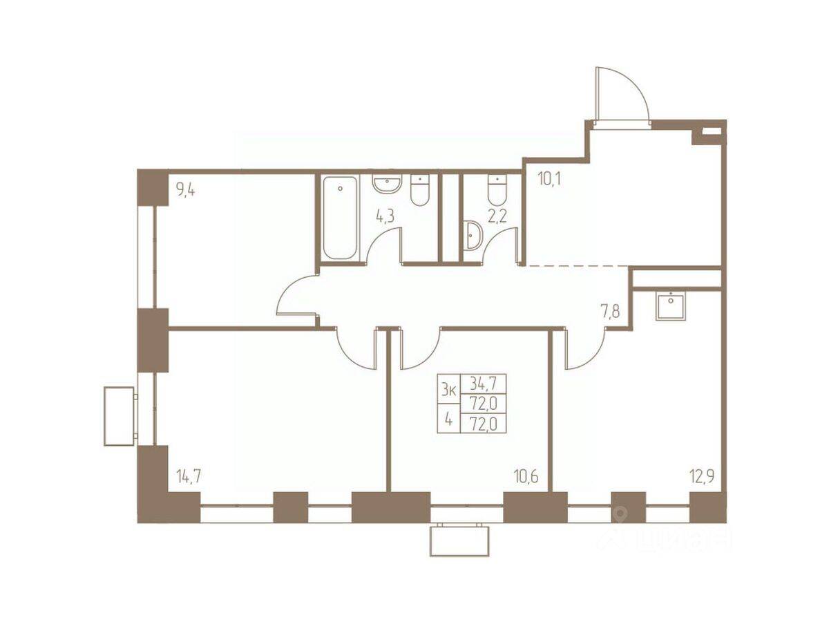 3-комн. квартира, 72 м², в ЖК Фабрикант