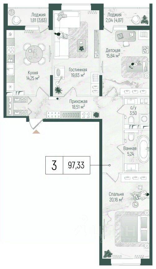 3-комн. квартира, 101,19 м², в ЖК Riga Hills