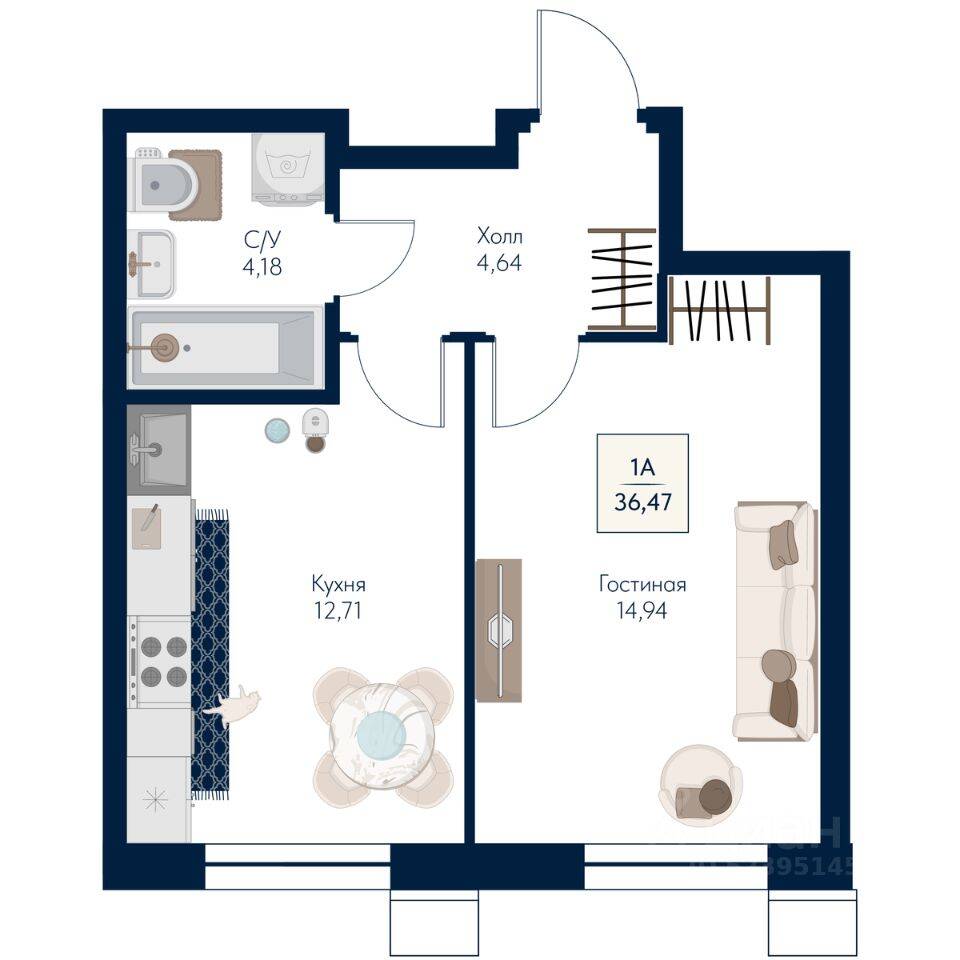 Планировка 1 комнатной квартиры, 36.47 м², в «Бархат»