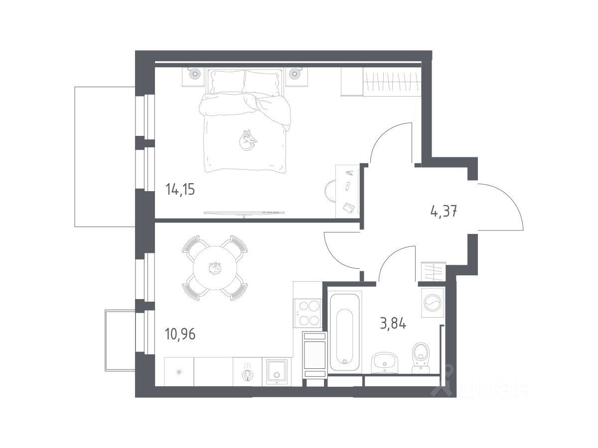 Планировка 1 комнатной квартиры, 33.32 м², в «Большое Путилково»