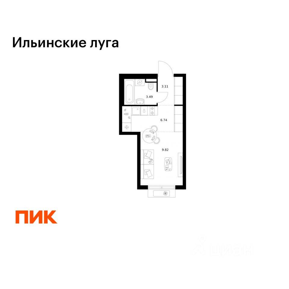 Планировка 1 комнатной квартиры, 23.16 м², в «Ильинские луга»
