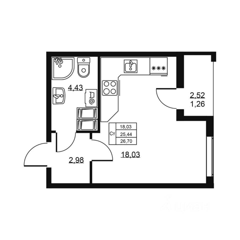 Квартира-студия, 26,7 м², в ЖК «Высота» (Бугры)