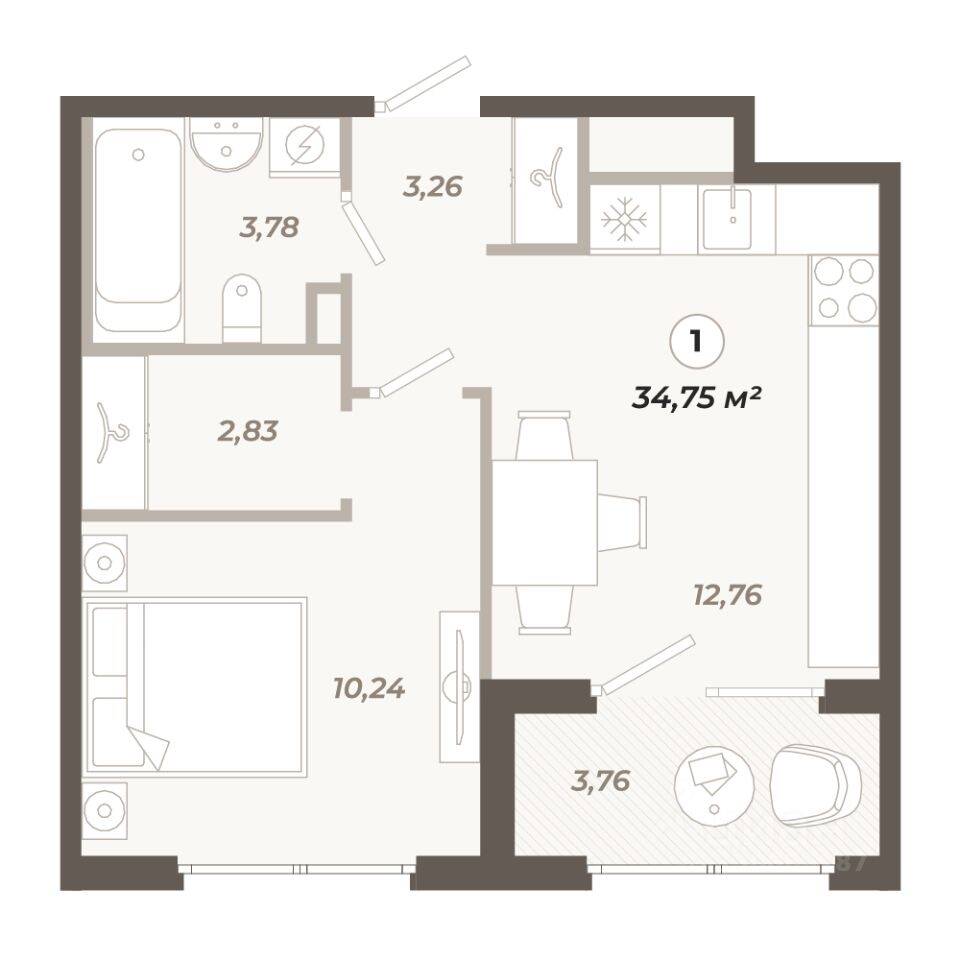 1-комн. квартира, 34,75 м², в ЖК «Знатный»