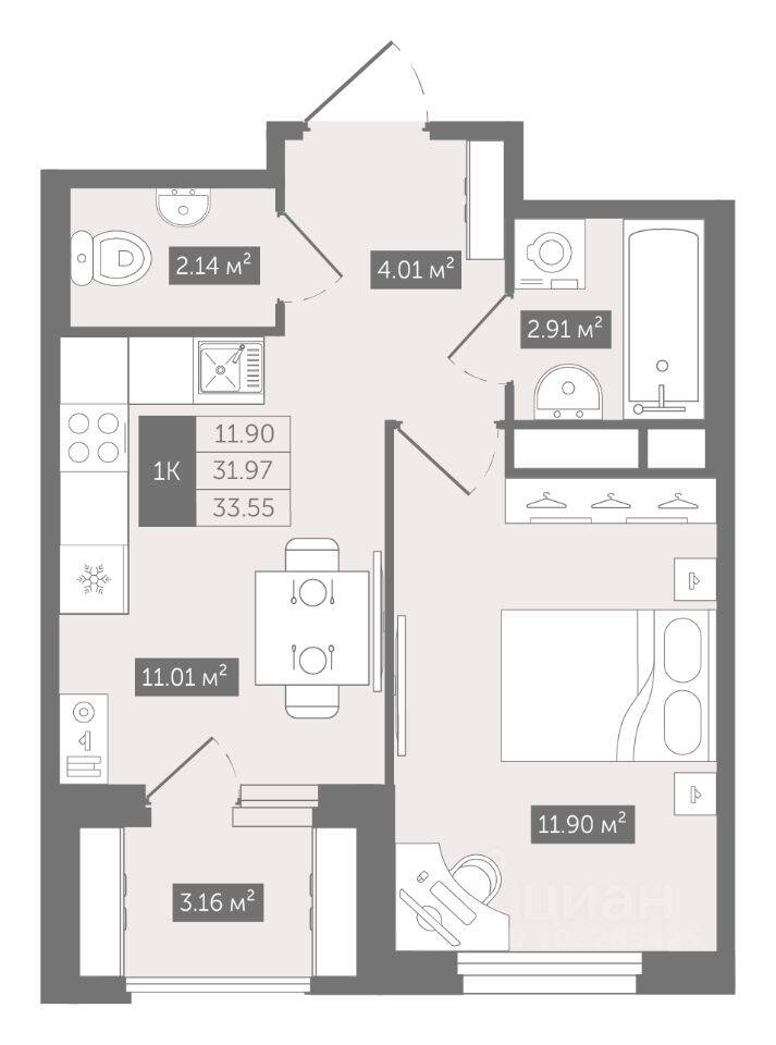 1-комн. квартира, 33,55 м², в ЖК UP-квартал «Воронцовский»