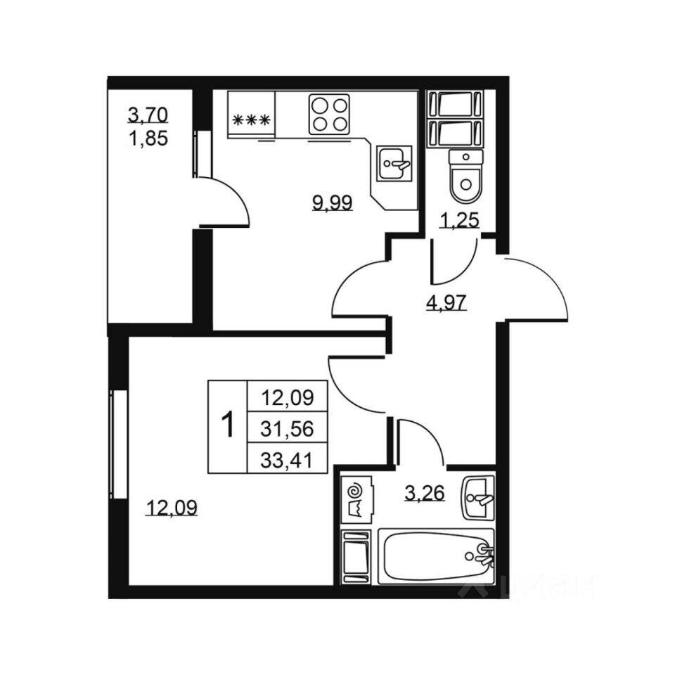1-комн. квартира, 33,41 м², в ЖК «Высота» (Бугры)