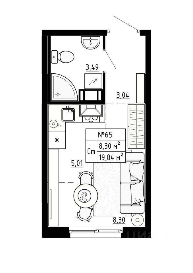 Планировка 1 комнатной квартиры, 19.84 м², в «Аннино Сити»