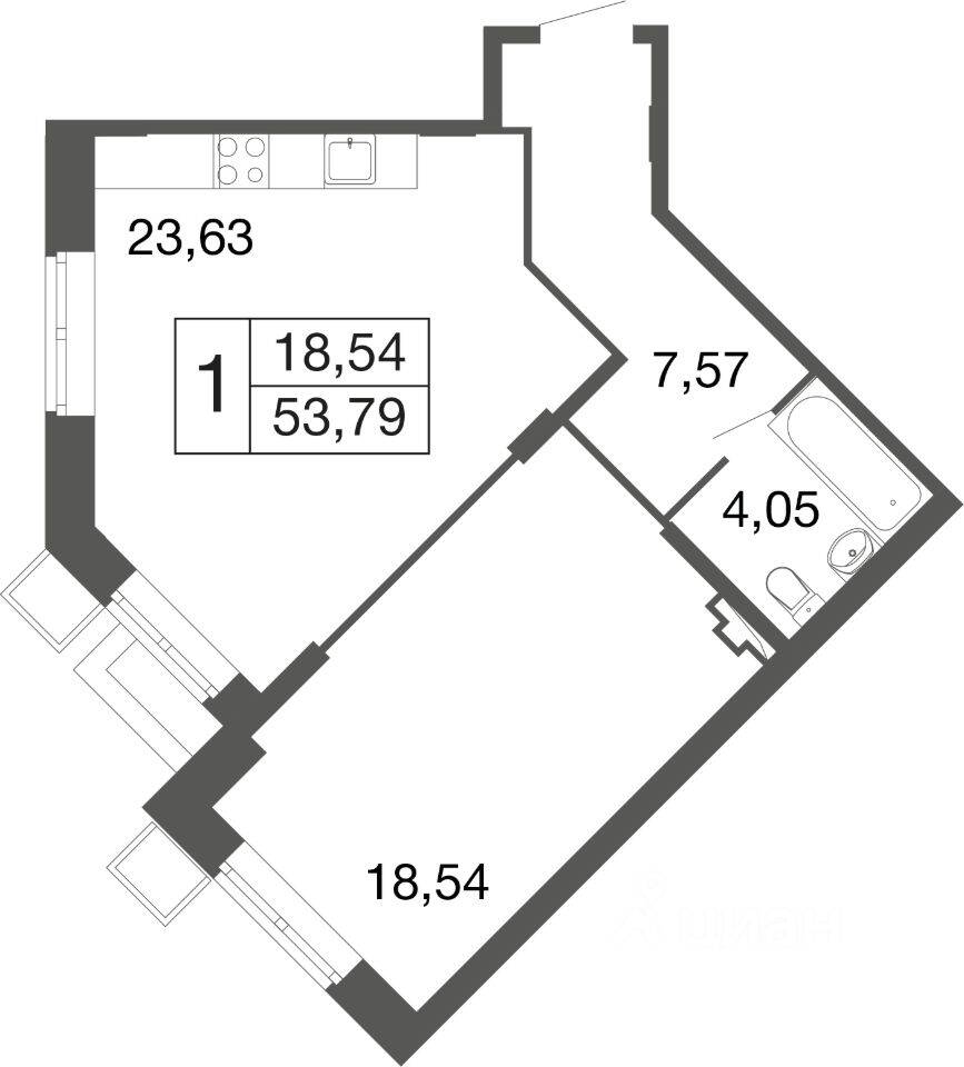 1-комн. квартира, 53,8 м², в ЖК «Времена года»