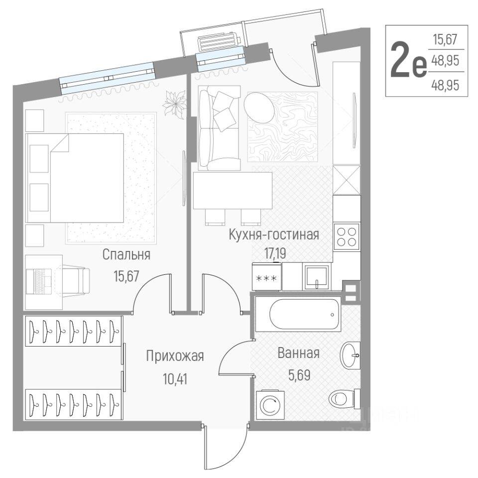 2-комн. квартира, 48,8 м², в Малоэтажный ЖК Эльйон
