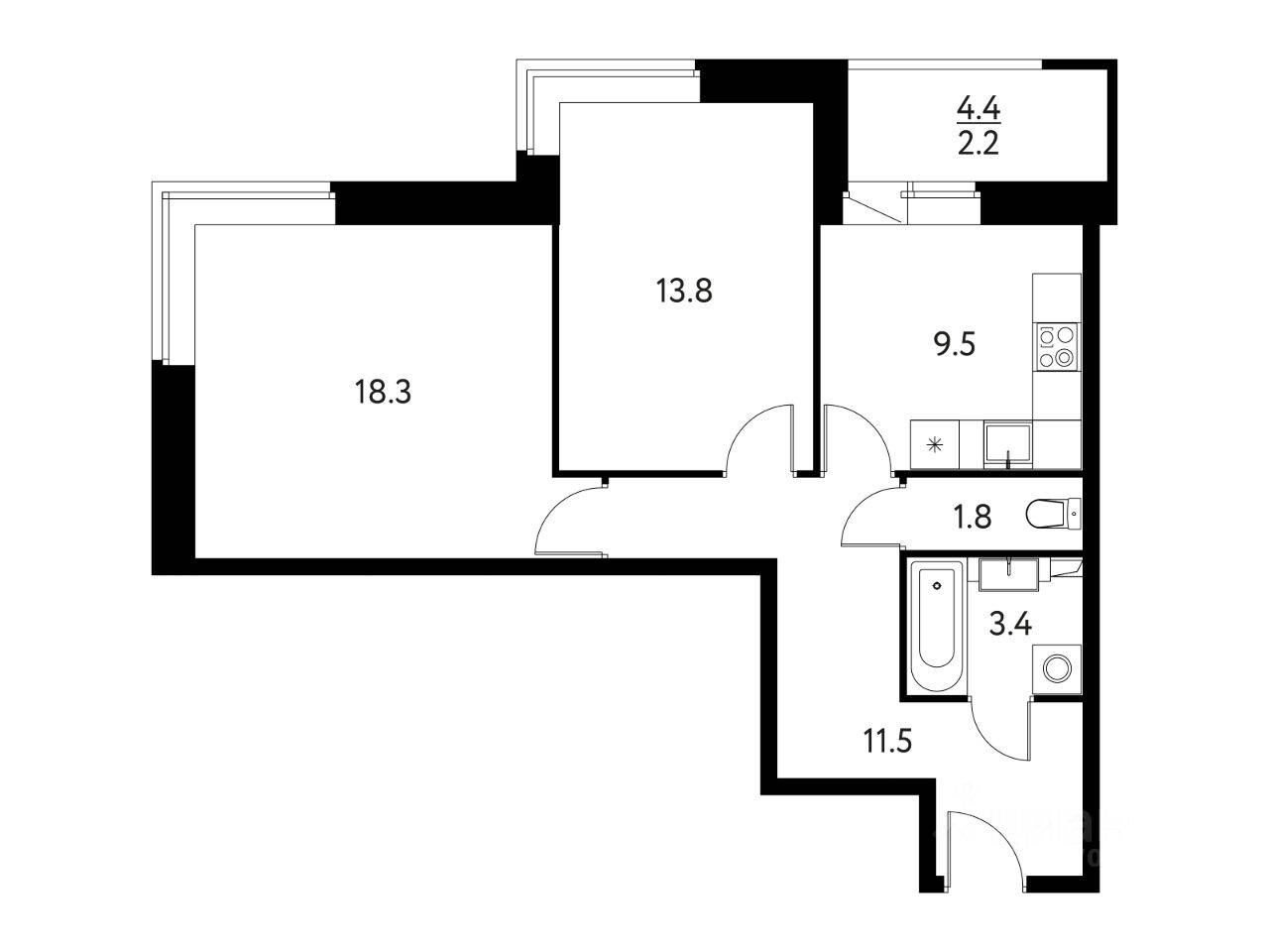 2-комн. квартира, 60,57 м², в ЖК «Солнечный парк»