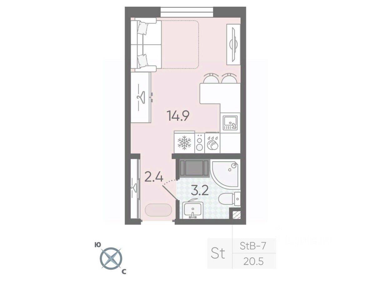 Планировка 1 комнатной квартиры, 20.5 м², в «Цветной город»