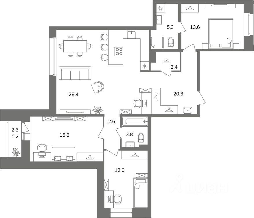 3-комн. квартира, 104,2 м², в ЖК Антверпен