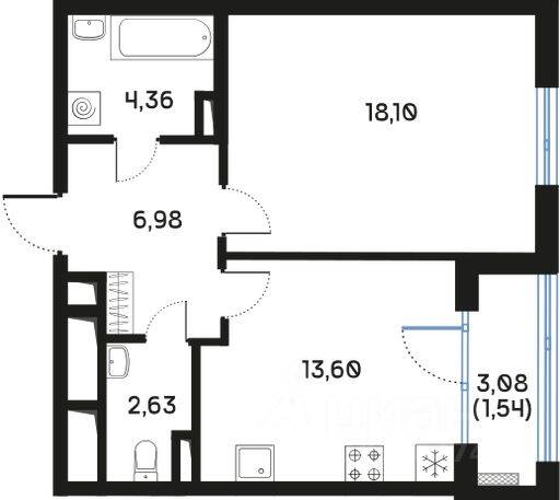 1-комн. квартира, 47,27 м², в ЖК Регенбоген