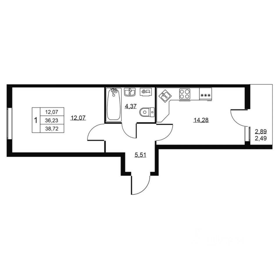 1-комн. квартира, 38,72 м², в ЖК Перспектива