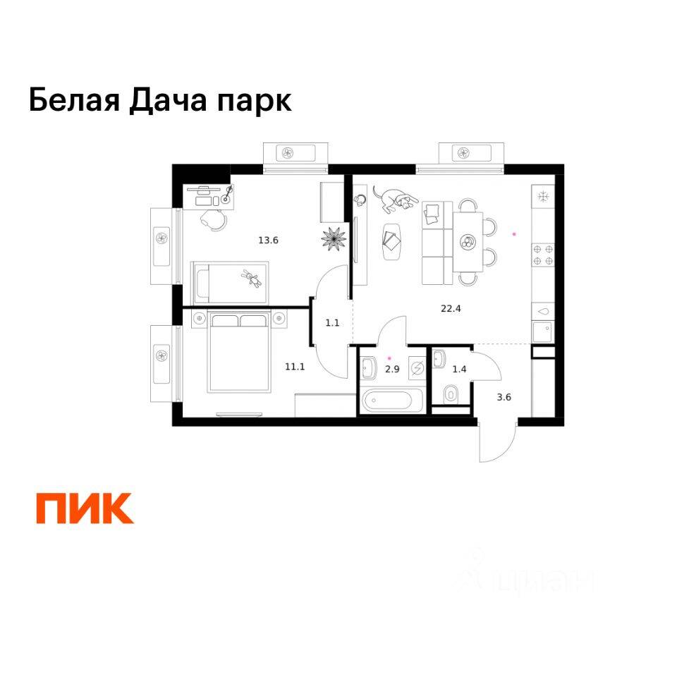 2-комн. квартира, 56,1 м², в ЖК «Белая Дача парк»