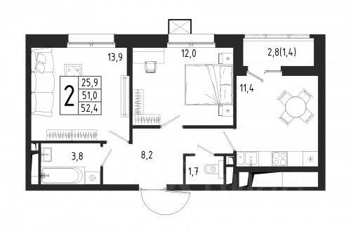 Планировка 2 комнатной квартиры, 52.4 м², в «Берег»