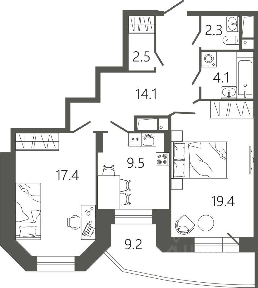 2-комн. квартира, 72,1 м², в ЖК «Советская 18»