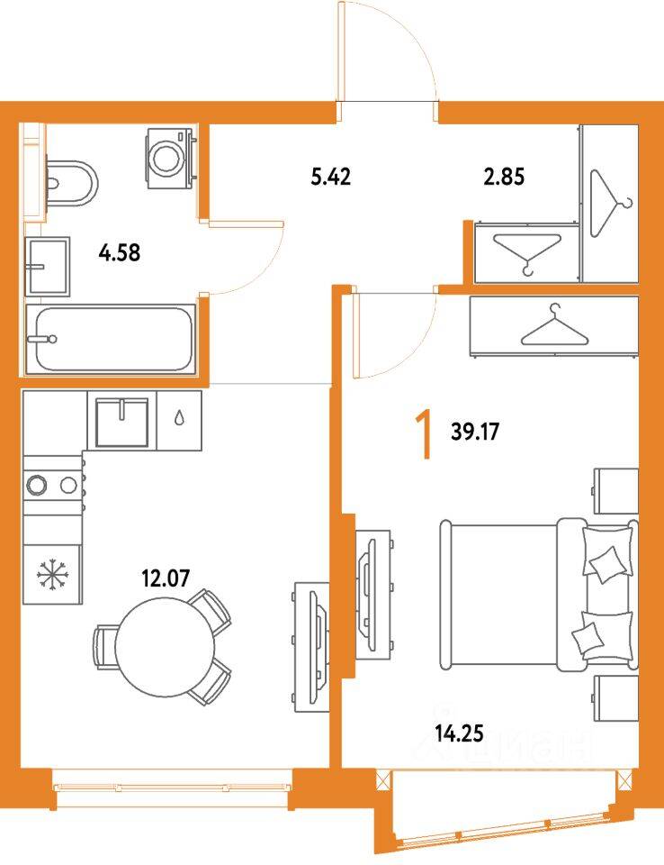 1-комн. квартира, 39,17 м², в ЖК Страна.Парковая