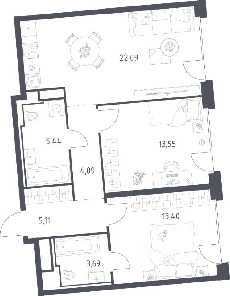 2-комн. квартира, 67,37 м², в ЖК Квартал на воде