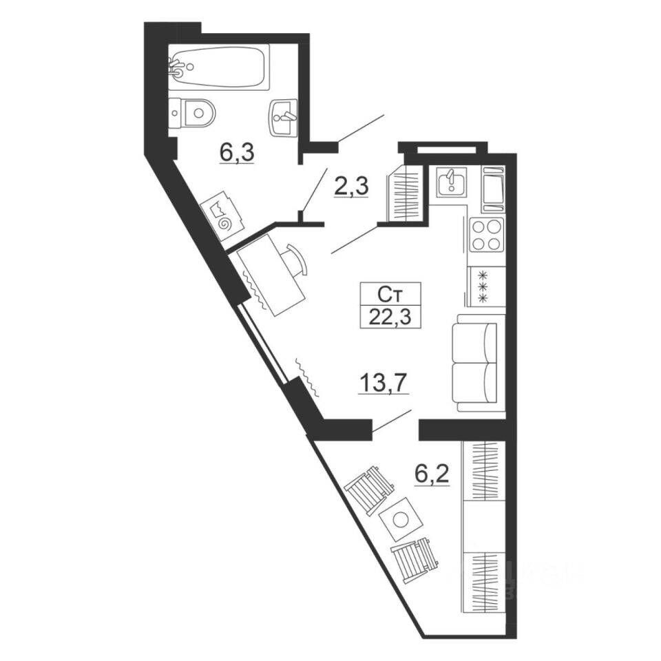 Квартира-студия, 22,3 м², в ЖК Рубеж