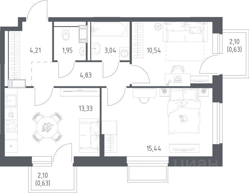Планировка 2 комнатной квартиры, 54.6 м², в «Томилино Парк»