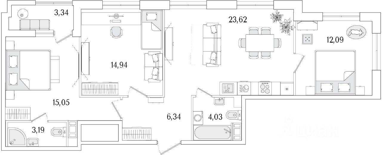 3-комн. квартира, 80,93 м², в ЖК «Гранат»