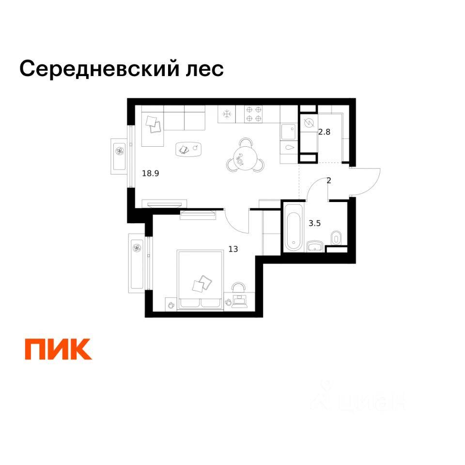 1-комн. квартира, 40,2 м², в ЖК Середневский лес