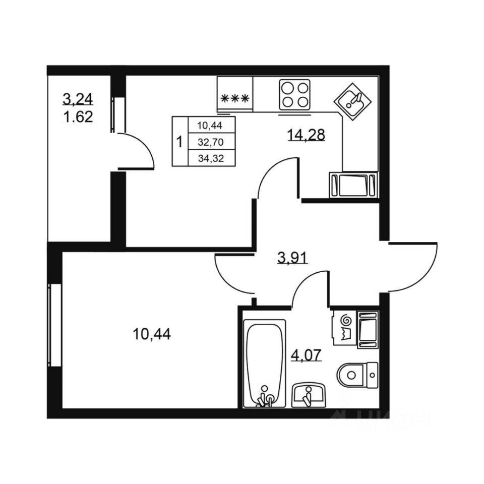 1-комн. квартира, 34,32 м², в ЖК «Высота» (Бугры)